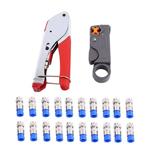 Coax Crimper, RG6 Coax Cable Crimper Coaxial Compression Tool Set Kit, Wire Stripper with F RG59 Included Compression Connectors, Tools, Rotary Stripper