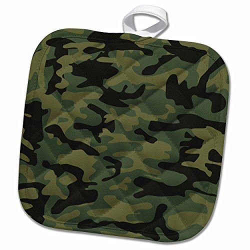 3D Rose Dark Green Camo Print - Hunting Hunter Or Army Soldier Uniform Style Camouflage Woodland Pattern Pot Holder 8 x 8