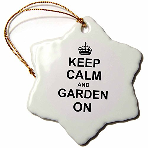 3dRose ORN_157726_1 Keep Calm and Garden on Carry on Gardening Gardener Gifts Black Fun Funny Humor Snowflake Ornament, Porcelain, 3-Inch