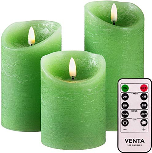 Venta Set of 3 Realistic Flameless Green LED Candles with Remote Control - 4" 5" 6" Electric Wickless Pillar Battery Operated Candles with Flickering Flame Timer