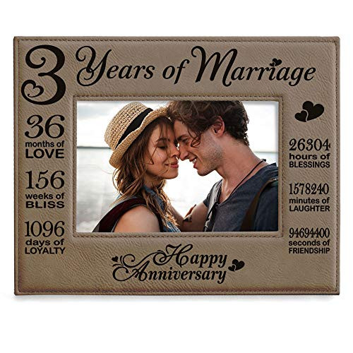 Kate Posh Our 3rd Wedding Anniversary, 3 Years Anniversary, 3 Years of Marriage, Gifts for Couple, Third Anniversary - Engraved Leather Picture Frame (4 x 6 Horizontal)