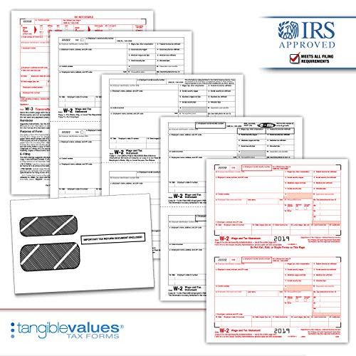 Tangible Values W-2 Laser Tax Forms (4-Part) Kit with Envelopes for 25 Employees (2019)