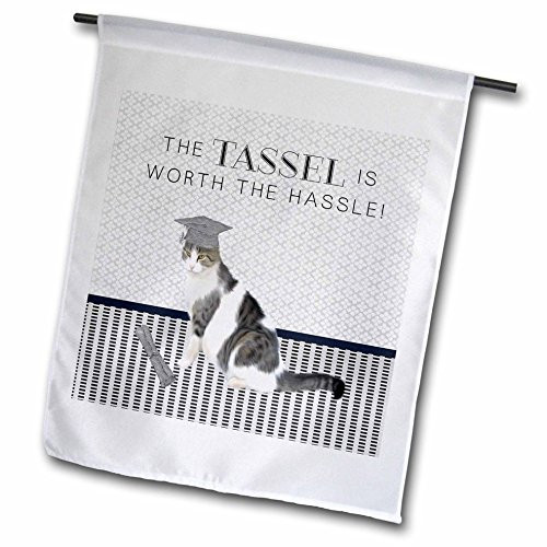 3dRose Black & White Cat, Cap & Diploma,Tassel Worth The Hassle - Garden Flag, 12 by 18"