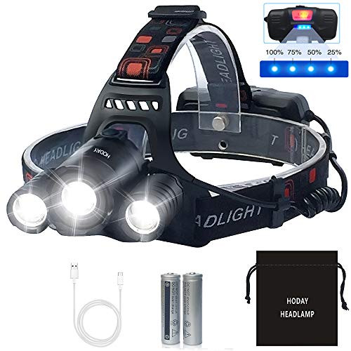 LED Headlamp, Bright 6000 Lumen Headlight, USB Rechargeable Head Lamp Flashlight, 4 Modes Waterproof Zoomable Work Light for Camping,Hiking, Outdoors (Black)