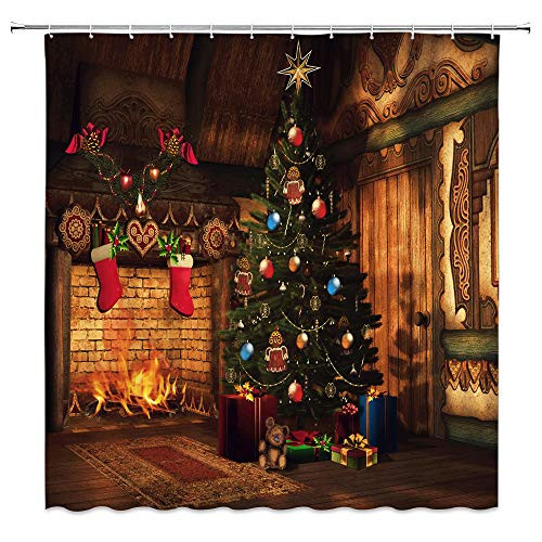 AMNYSF Christmas Tree with Balls Decor Shower Curtain Vintage Cottage Fireplace Gifts Socks Festive Celebration Fabric Bathroom Curtains,Waterproof Polyester with Hooks 70x70 Inch
