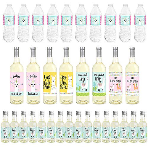 Big Dot of Happiness Whole Llama Fun - Mini Wine Bottle Labels, Wine Bottle Labels and Water Bottle Labels - Llama Fiesta Baby Shower or Birthday Party Decorations - Beverage Bar Kit - 34 Pieces