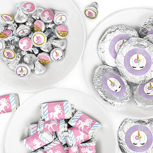 Rainbow Unicorn - Mini Candy Bar Wrappers, Round Candy Stickers and Circle Stickers - Magical Unicorn Baby Shower or Birthday Party Candy Favor Sticker Kit - 304 Pieces