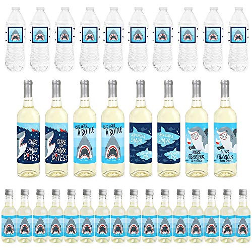 Big Dot of Happiness Shark Zone - Mini Wine Bottle Labels, Wine Bottle Labels and Water Bottle Labels - Jawsome Shark Party or Birthday Party Decorations - Beverage Bar Kit - 34 Pieces