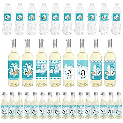 Big Dot of Happiness Arctic Polar Animals - Mini Wine Bottle Labels, Wine Bottle Labels and Water Bottle Labels - Winter Baby Shower or Birthday Party Decorations - Beverage Bar Kit - 34 Pieces