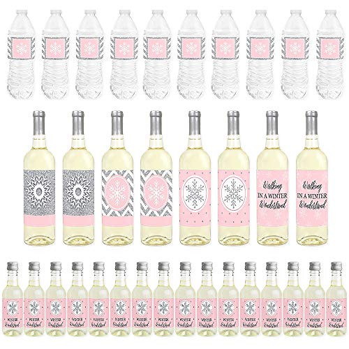 Big Dot of Happiness Pink Winter Wonderland - Mini Wine Bottle Labels, Wine Bottle Labels and Water Bottle Labels - Holiday Snowflake Birthday Party or Baby Shower Decor - Beverage Bar Kit - 34 Pieces