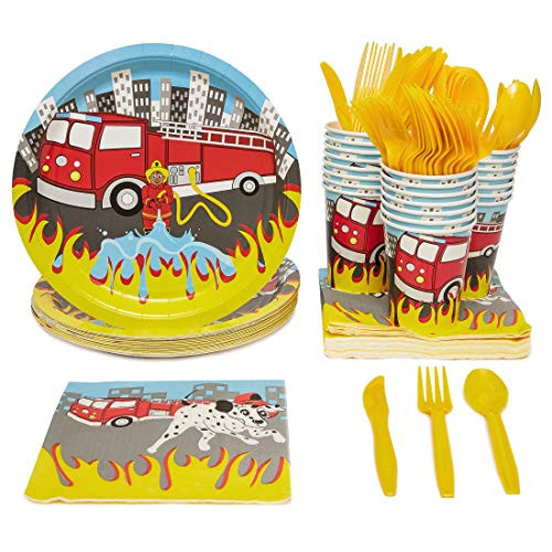 Blue Panda Fire Truck Party Supplies Paper Plates Cutlery (Set of 24)