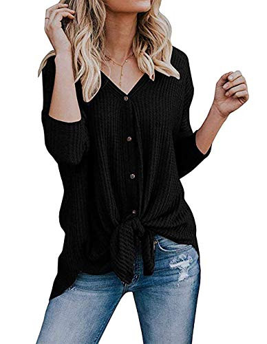 Defal Womens Long Sleeve Knit Button Tunic Blouse Front Tie Batwing Henley Tops(Black,XL)