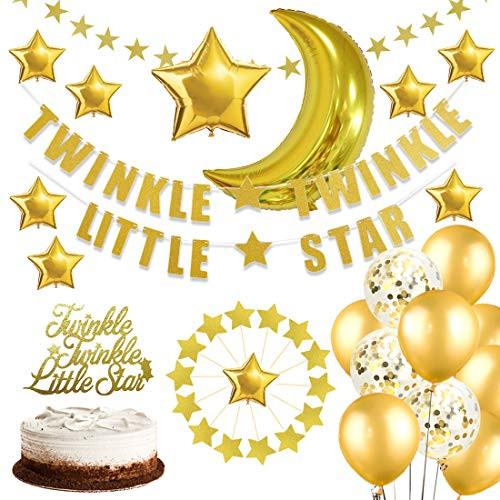 Twinkle Twinkle Little Star Decorations Baby Shower Glitter Star Banner Cake Topper Gold Moon Star Balloons for Birthday and Gender Reveal