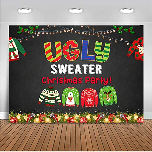 Mocsicka Ugly Sweater Christmas Party Backdrop Chalkboard Ugly Sweater Background 7x5ft Vinyl Ugly Sweater Holiday Party Banner Backdrops