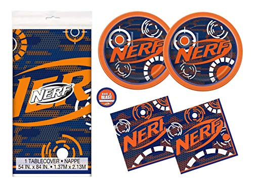 Nerf Theme Party Supplies Pack - Serves 16 - Tablecover, Plates, Napkins and Sticker