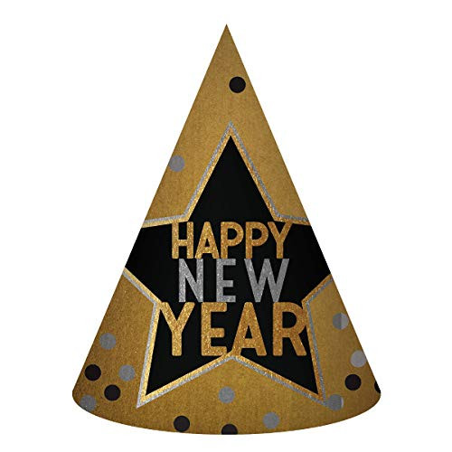 "Happy New Year" Cone Hat, Black, Silver, Gold, 12 Ct.