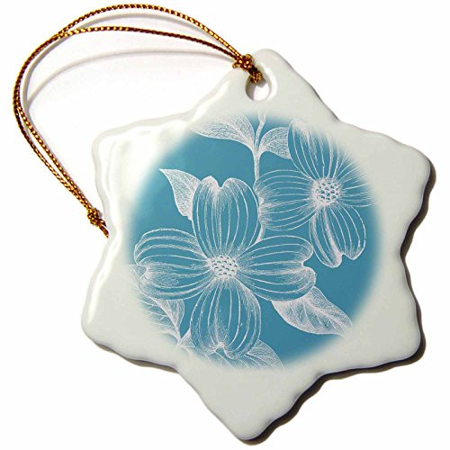 3dRose ORN_186762_1 Teal and White Dogwood Flowers Snowflake Ornament, Porcelain, 3-Inch