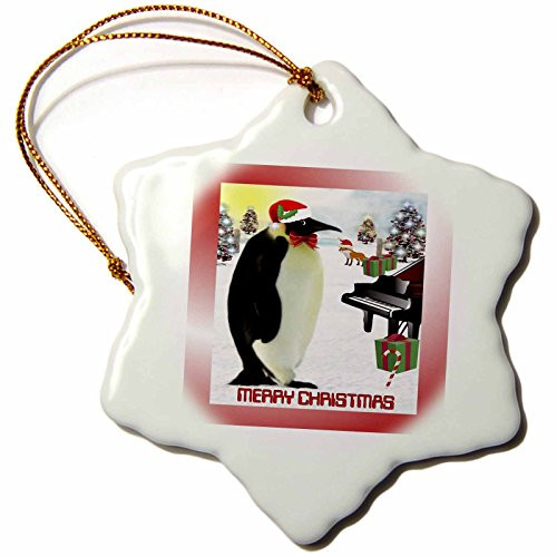 3dRose orn_26598_1 Emperor Penguin with Piano and Gifts Merry Christmas Porcelain Snowflake Ornament, 3-Inch