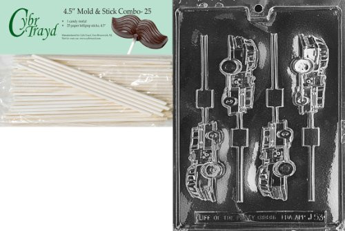Cybrtrayd 45St25-J053 Fire Truck Lolly Jobs Chocolate Candy Mold with 25 Cybrtrayd 4.5-Inch Lollipop Sticks