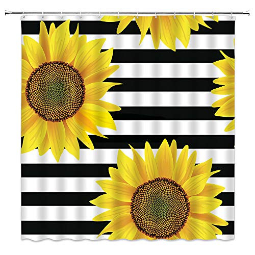 Sunflower Shower Curtain Black and White Stripes Creative Yellow Bathroom Curtains Decor Polyester Fabric Quick Drying 70x70 Inches Include Hooks