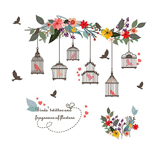 Witkey Birdcages Flowers Flying Birds Wall Stickers Birdhouse Decals Removable Art Wall Stickers home décor PVC For Kid Room Bedroom Wallpaper