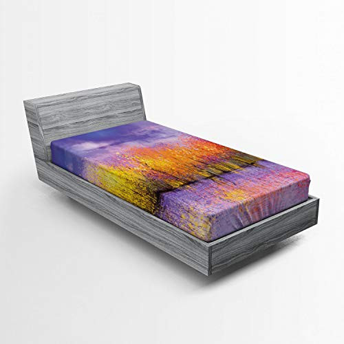 Ambesonne Autumn Fitted Sheet, Seasonal Landscape Paint with Shady Fall Trees by River Pastel Artwork Print, Soft Decorative Fabric Bedding All-Round Elastic Pocket, Twin Size, Lavender Yellow