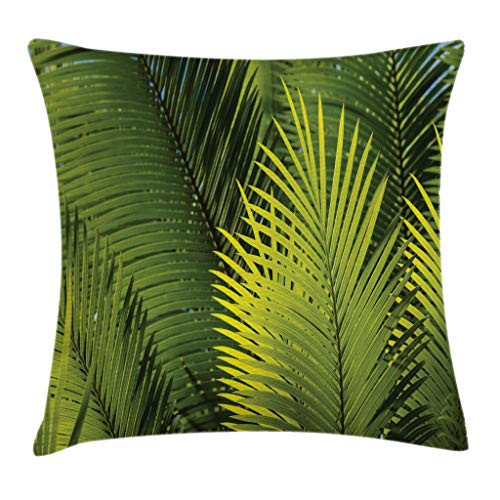 Ambesonne Palm Tree Decor Throw Pillow Cushion Cover by, Fresh Tree Leaves Evergreen Flowering Wild Plants Bush Tropical Nature Picture, Decorative Square Accent Pillow Case, 16 X 16 Inches, Green