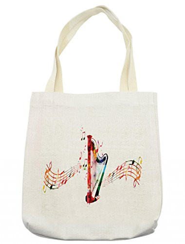Lunarable Harp Tote Bag, Colorful Concert Harp with Music Staff and Notes Artistic Creativity Harmony Composer, Cloth Linen Reusable Bag for Shopping Groceries Books Beach Travel & More, Cream