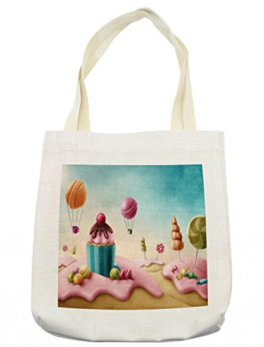 Lunarable Fantasy Tote Bag, Fantasy Candyland with Cupcake Bonbon Lollipops Food Fairytale Delicious Sweets, Cloth Linen Reusable Bag for Shopping Books Beach and More, 16.5" X 14", Cream