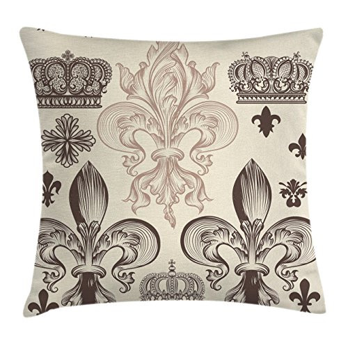 Lunarable Fleur De Lis Throw Pillow Cushion Cover, Heraldic Pattern with Fleur-de-Lis and Crowns Tiara Coat of Arms Knight, Decorative Square Accent Pillow Case, 16" X 16", Beige Taupe