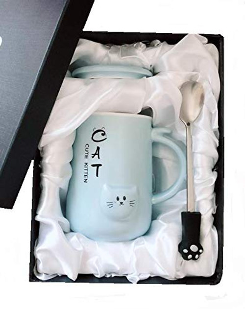 Gift Mugs | Coffee Mugs with Lid and Spoon 12oz | Ceramic Mug with Gift Box | Birthday Gift Christmas Gift | Tea Cup | Cute Coffee Mugs (Cat Blue)