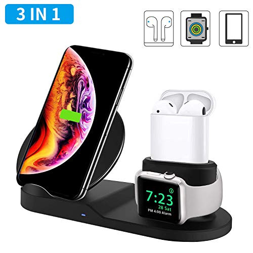 3 in 1 Wireless Charger, Upgrade Wireless Charger Stand for QI Phones and Airpods 10W Qi Fast Wireless Charging Station Compatible for Apple Watch Series, All QI Phones and AirPods (Black)