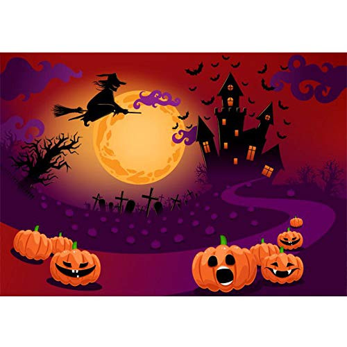Allenjoy Halloween Pumpkin Castle Backdrop for Photography Soft Fabric Horrible Witch Moonlight Birthday Background 7x5ft for Boys Girls Portrait Trick or Treat Party Banner Home Decors Photo Props