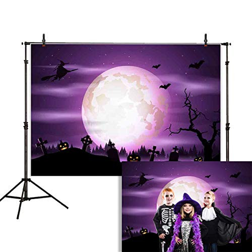 Allenjoy 7x5ft Happy Halloween Backdrop Night Purple Sky and Moon Jack O'Lantern Pumpkin Lantern Scary Graveyard Photography Background Children Party Decorations Cake Table Banner Photo Studio Booth