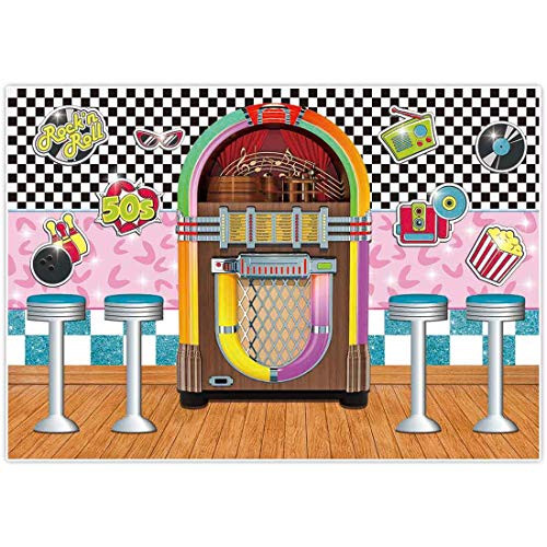 Allenjoy 7x5ft 50s Soda Shop Theme Backdrop Back to 1950s Party Supplies Retro Diner Time Rock Roll Classic Sock Hop Decorations Crazy Vintage Dance Prom Background Portrait Photography Props Favors