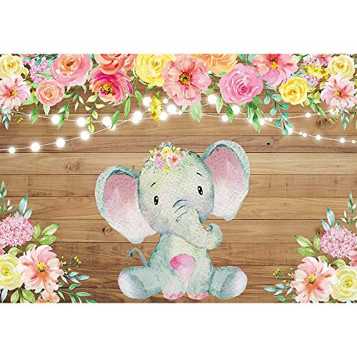 Allenjoy 7x5ft Elephant Baby Shower Photography Backdrop for Newborn Infant Baby Girls Pink Flowers Wood Board Happy 1st First Birthday Party Banner Background Cake Table Decors Photo Booth Props