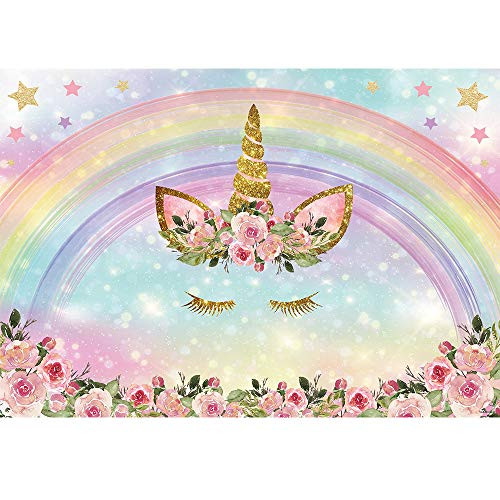 Allenjoy 7x5ft Rainbow Unicorn Theme Party Backdrop Happy 1st First Birthday for Girl Kid Baby Banner Pink Flowers Sweet 16 Newborn Baby Shower Photography Background Cake Table Decor Photobooth Props