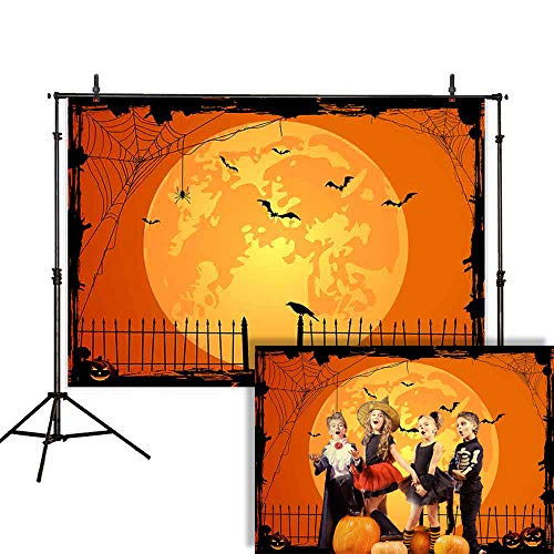 Allenjoy 7x5ft Happy Halloween Backdrop Jack O'Lantern Pumpkin Lantern Orange Night Moon Bat Spider Web Graveyard Fence Photography Background Party Decorations Cake Table Banner Photo Studio Booth