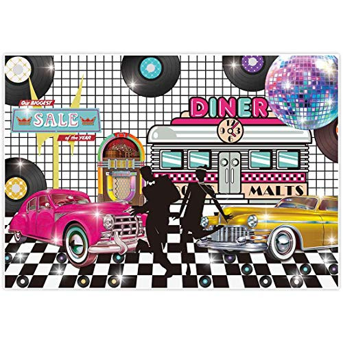 Allenjoy 7x5ft Back to 50s Theme Retro Backdrop 1950s Rock Roll Diner Rockin Party Supplies Sock Hop Classic Disco Crazy Dance Prom Birthday Decorations Studio Portrait Photography Props Favors