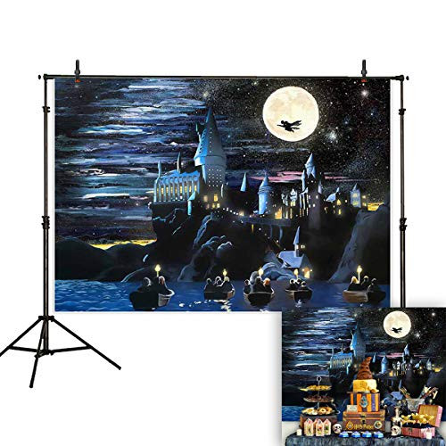 Allenjoy 7x5ft Hogwarts Backdrop Magic Castle Wizard Flying in The Night Sky Star Moon Photography Background Birthday Baby Shower Party Supplies Cake Table Banner Home Decoration Photo Booth Prop