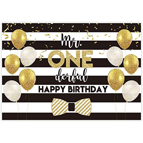 Allenjoy 7x5ft Mr Onederful Backdrop Our Little Gentleman Boys 1st First Birthday Party Supplies White Black Stripes Decorations Gold Glitter Ballons Baby Shower Photography Background Props Favors