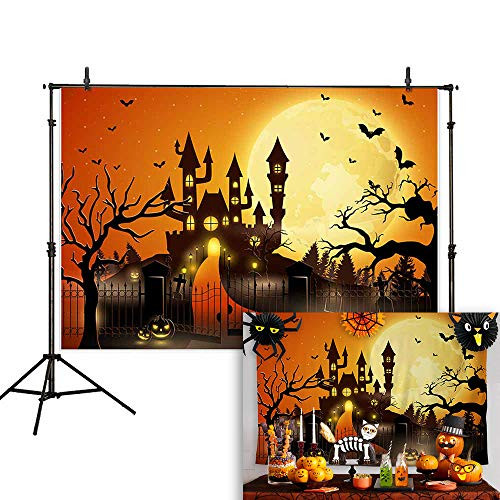 Allenjoy 7x5ft Happy Halloween Orange Backdrop Jack O'Lantern Pumpkin Moon Bat Graveyard Fence Scary Castle Photography Background Party Decorations Cake Table Banner Photo Studio Booth