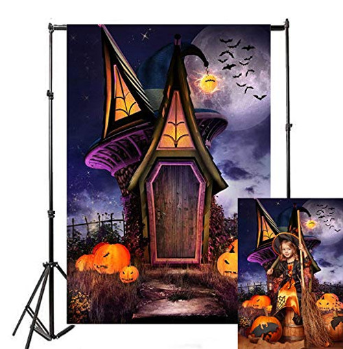 Allenjoy 7x5ft Happy Halloween Photography Backdrop Witch House Night Purple Sky and Moon Jack O'Lantern Pumpkin Lantern Scary Graveyard Party Background Decoration Photo Studio Booth Props