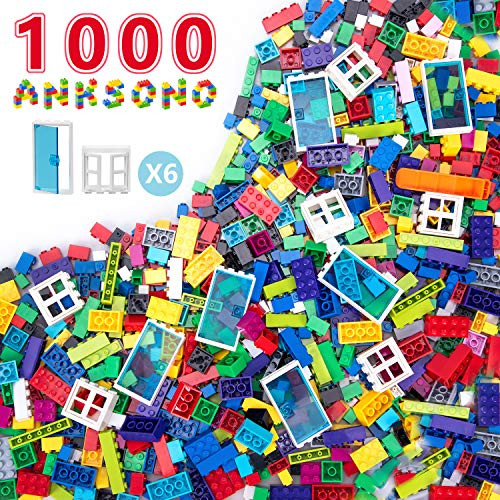 Anksono Building Bricks for Kids 1000 Pieces Set, 1000 Pieces Classic Building Blocks in 11 Colors Included 6Pcs Windows and 6Pcs Doors Compatible with All Major Brands