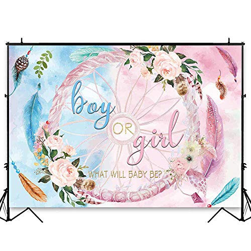 Funnytree 7x5ft Boho Gender Reveal Party Backdrop Boy or Girl Pink Blue Baby Shower Photography Background Watercolor Floral Feather Dreamcatcher Cake Table Decoration Banner Photo Booth Props