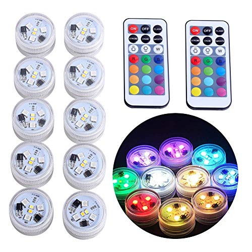 KUCAM Submersible LED Lights, Waterproof LED Tea Lights Candle with Remote Battery Operated,RGB Color Changing for Vase Home Party Wedding Table Centerpieces,10 Pack
