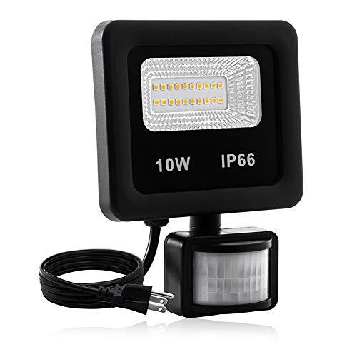 Motion Sensor Flood Light Outdoor,10W Security Light, IP66 Waterproof Outdoor Light,1000LM,3200K Motion Security Lights with Plug for Garage Yard Patio Pathway Porch Entryways (Warm White)