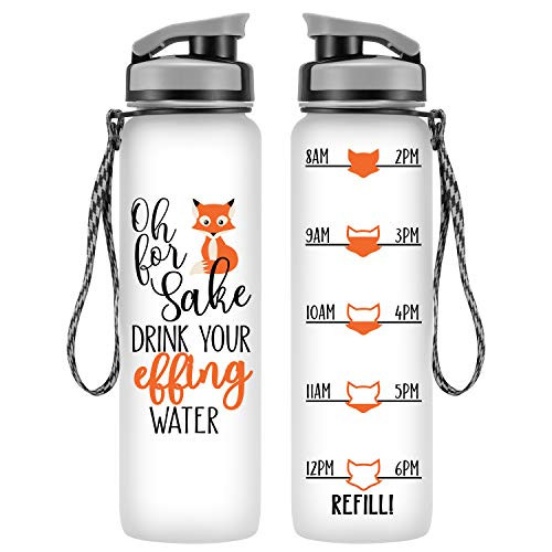 LEADO 32oz 1Liter Motivational Tracking Water Bottle with Time Marker - for Fox Sake Drink Your Effing Water - Funny Birthday Gifts for Women Friends, Wife, Mom, Daughter, Coworker - Drink More Water