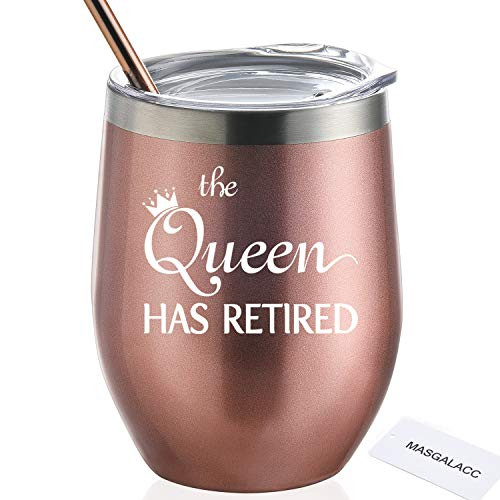 Retirement Gifts For Women The Queen Has Retired 12 oz Stainless Steel Wine Tumbler with Lid and Straw Funny Retirement Gift for Her