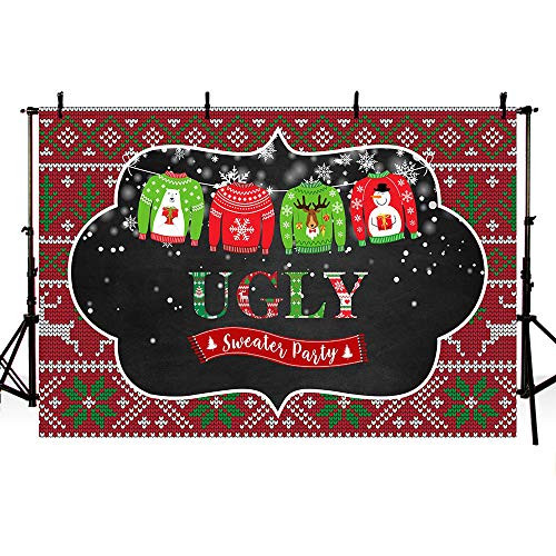 MEHOFOTO 7x5ft Ugly Sweater Party Winter Christmas Photography Background Snowflake Merry Xmas Holiday Decoration Red Green Sweater Backdrops Photo Booth Banner Props Supplies
